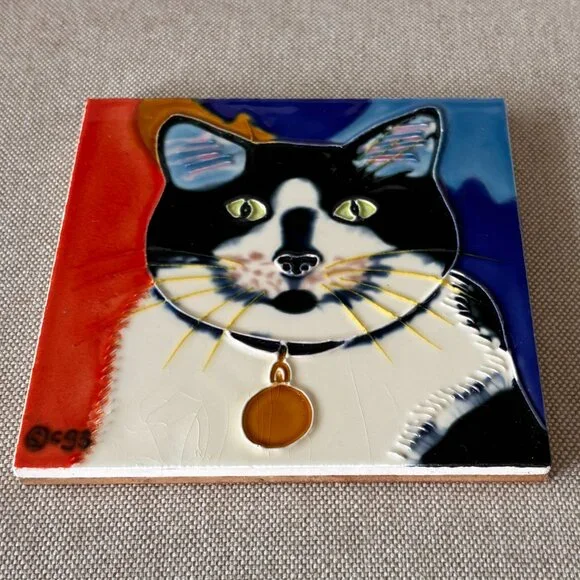 Claudia Sanchez Ceramic Cat Tile Art Decor Hang or Stand Hand Painted - Picture 2 of 5